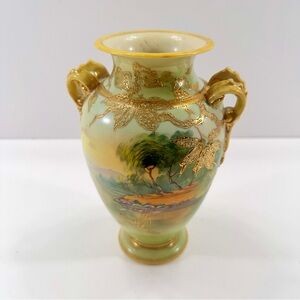 NIPPON Antique Old Mark Moriage Celadon Art Nouveau Vase, Green Tree Field AS IS
